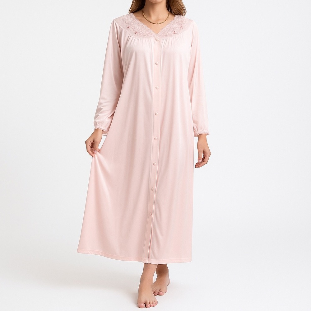 Shadowline Pink Nylon Lace Floral Embroidered‎ Nightgown Medium Vintage 70s 80s